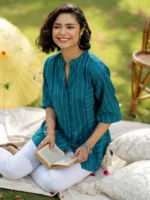 Teal Blue Woven Design Cotton Blend Straight Short Kurti