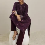 Wine Embroidered Wool Straight Kurta