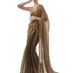 Women's Organza Lightweight Lace Work Saree With Art Silk Sequence Work Golden Unstitched Blouse Piece