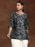 Grey Yoke Design Silk Blend A-Line Kurti - Image 2