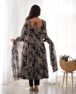 Women's Heavy Pure Soft Georgette Anarkali V-neck Long Sleeve Kurti With Matching Pant and Digital Printed Work Heavy Matching Dupatta Set. - Image 3