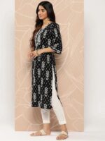 Black Embellished Cotton Straight Kurta - Image 2