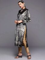 Grey Printed Velvet Straight Kurta - Image 2
