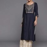 Navy Blue Yoke Design Rayon Straight Kurta